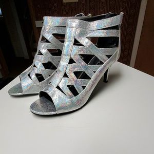 Silver, iridescent, strappy heel